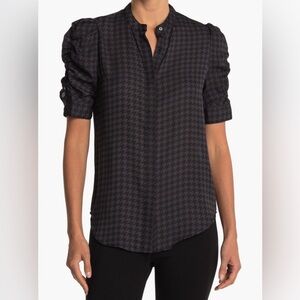 NWT Laundry by Shelli Segal Houndstooth Print Shirred Short-Sleeve Blouse, M